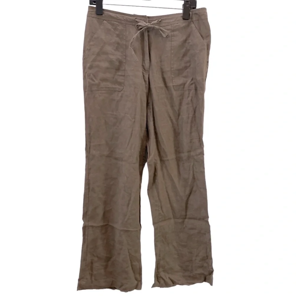 H&M 100% Linen Coffee Tan Brown Tie Front Wide Leg Pants 10